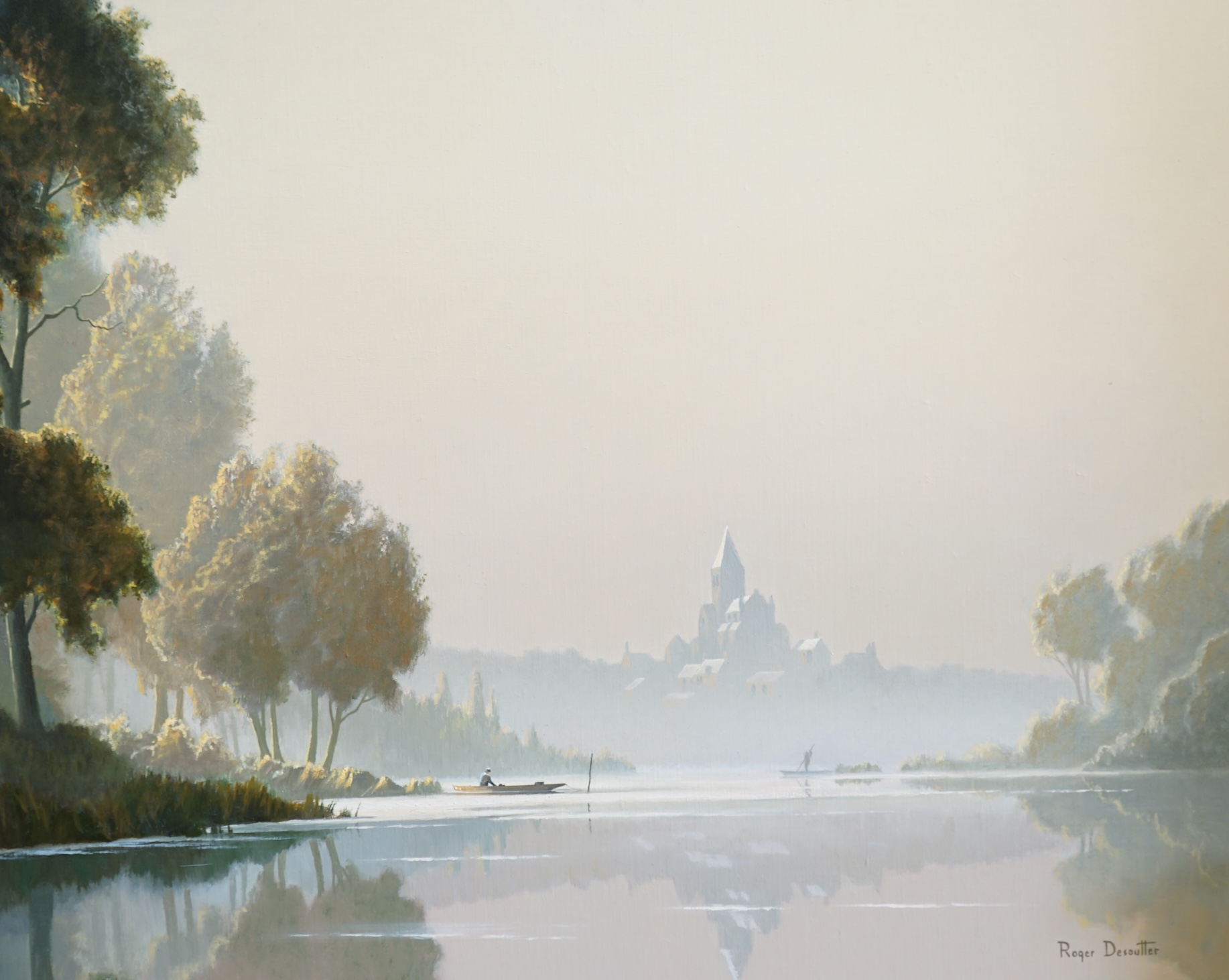 Roger Desoutter RSMA (1923-2020), oil on canvas, Misty tranquil river scene, a town beyond, signed, 60 x 75cm. Condition - good